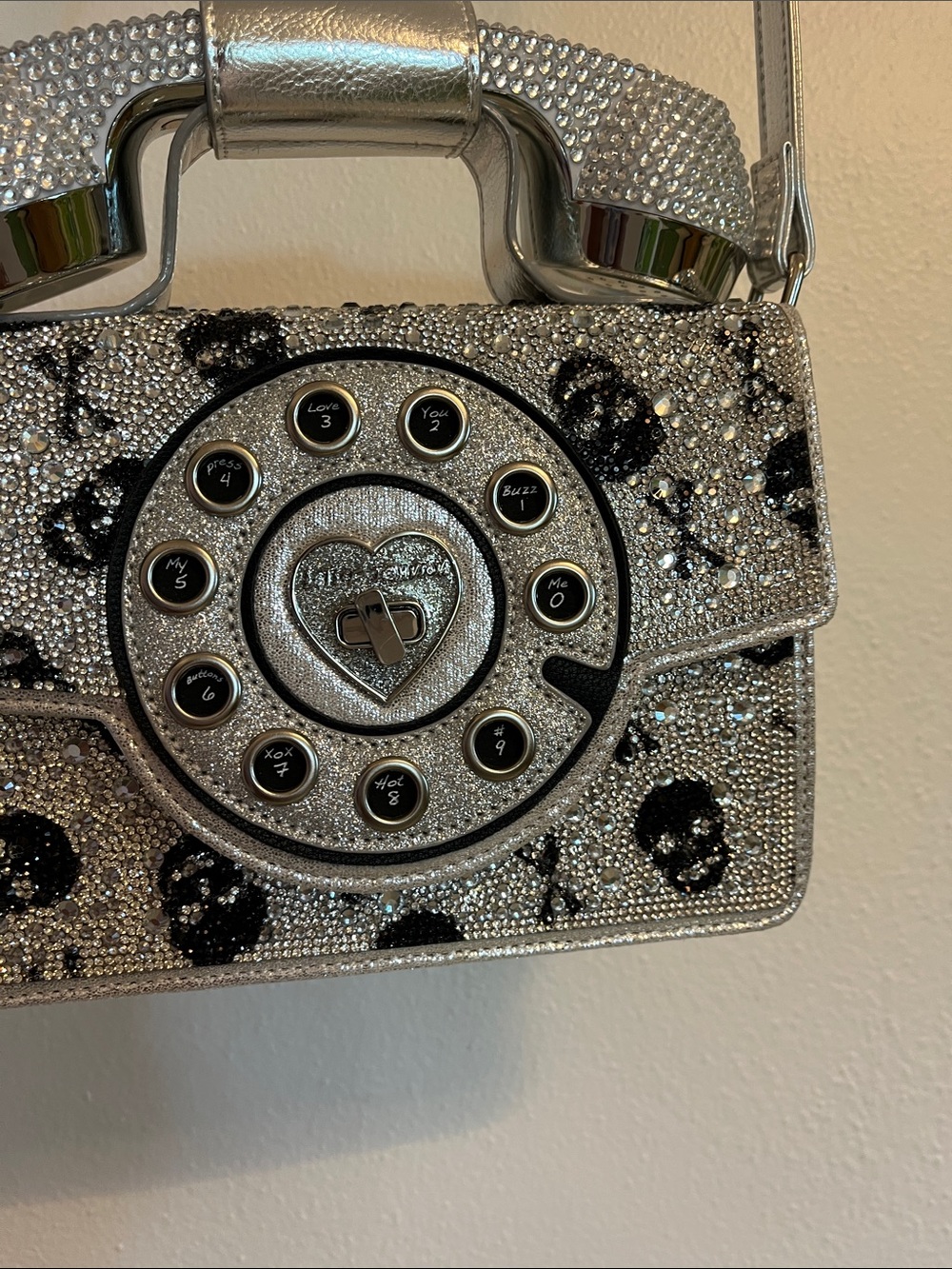 Betsey Johnson Silver Glitter Novelty Telephone Crossbody Bag with Black Accents - Picture 3 of 5